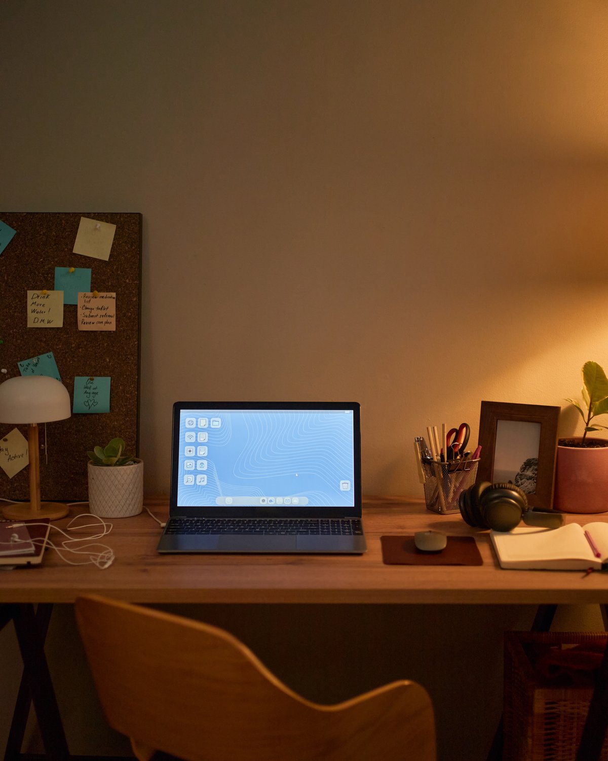 Home office desk with a laptop and warm lamp light at night
