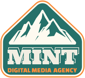 MINT Digital Media Agency logo, a teal mountain badge with an orange border
