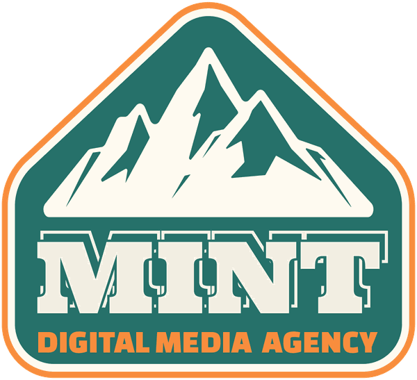 MINT Digital Media Agency logo, a teal mountain badge with an orange border
