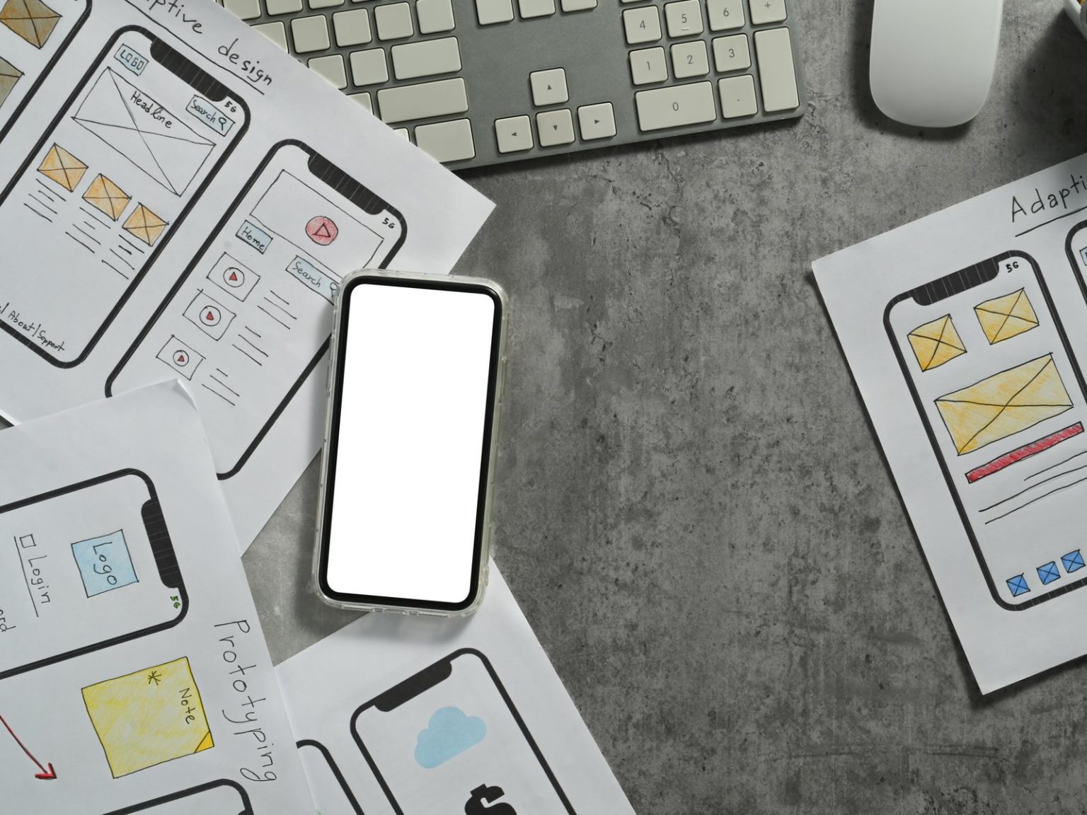 Mobile app wireframe sketches beside a smartphone with a blank screen